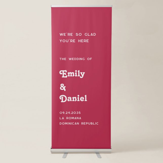 Chic Retro Summer Bright Hot Pink Wedding Welcome Retractable Banner (Front)