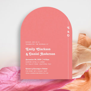 Chic Retro Summer Coral Pink Monogram Wedding Invitation