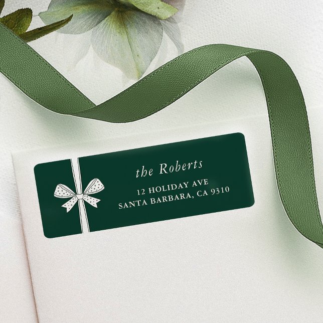Chic Ribbon Bow Pine Green Minimalist Christmas Label (elegant ribbon and bow green Christmas return address labels)