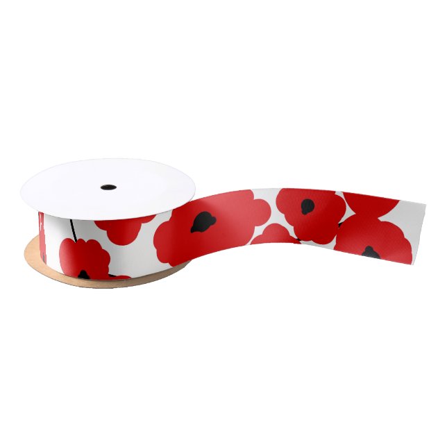 CHIC RIBBON_MOD RED & BLACK POPPIES SATIN RIBBON (Spool)