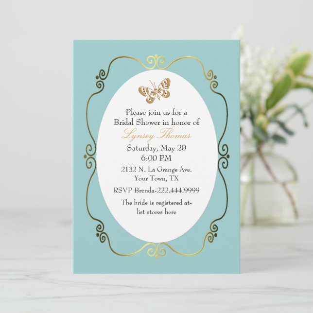 Chic Robin's Egg Blue & Gold Custom Bridal Shower Invitation (Standing Front)