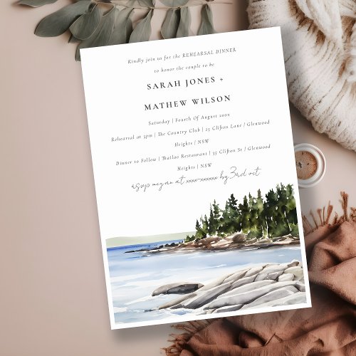 Chic Rocky Pine Mountain Seascape Rehearsal Dinner Invitation