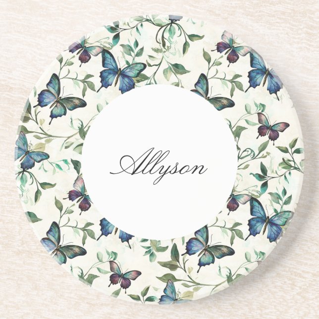 Chic Romantic Blue Butterflies Bridal Shower Coaster (Front)