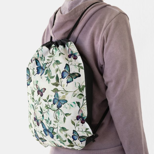 Chic Romantic Blue Butterflies Bridal Shower Drawstring Bag (Insitu)