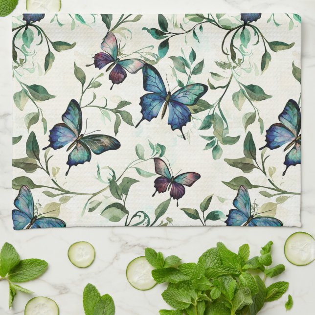 Chic Romantic Blue Butterflies Bridal Shower Kitchen Towel (Folded)