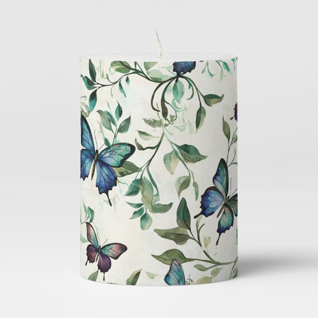 Chic Romantic Blue Butterflies Bridal Shower Pillar Candle (Front)