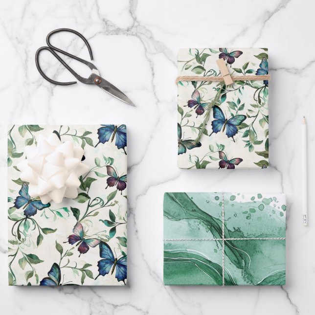 Chic Romantic Blue Butterflies Bridal Shower Wrapping Paper Sheets (Front)
