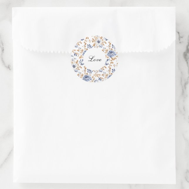 Chic Romantic Blue White Floral Wedding Classic Round Sticker (Bag)