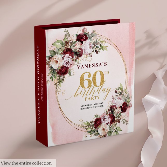 Chic Romantic Boho Burgundy Blush Gold 60th Memory 3 Ring Binder (Chic Romantic Boho Burgundy Blush Gold 60th Memory 3 ring binder)