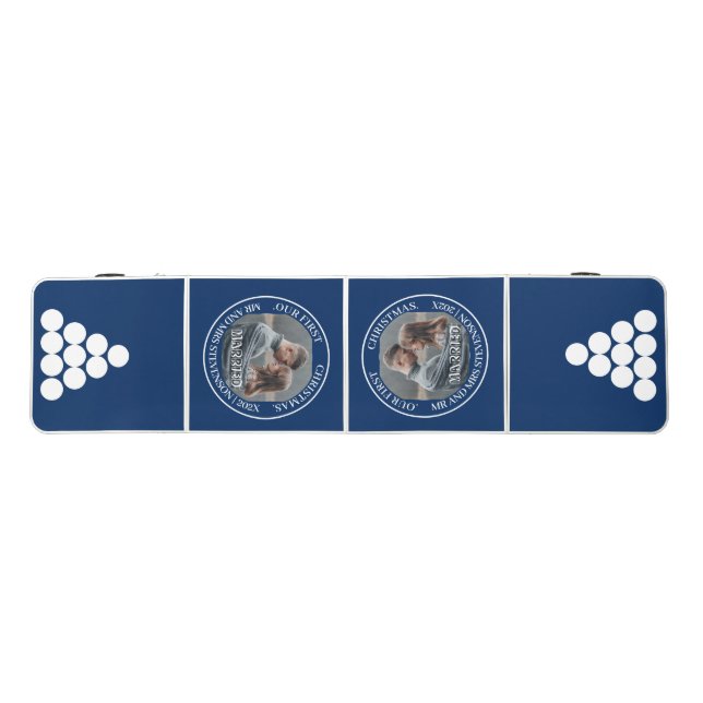 Chic Romantic Circle Photos Names Date Wedding Beer Pong Table (Top)