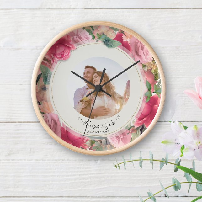 Chic Romantic Floral Blush Pink Roses Wedding Clock (Creator Uploaded)