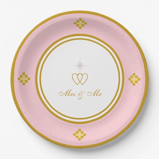 Chic Romantic Golden Rose Gold & White Wedding Paper Plates (Front)