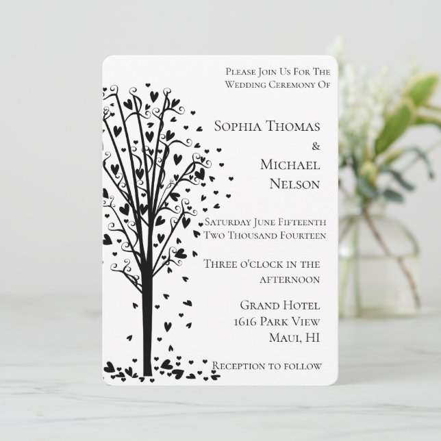 Chic Romantic Hearts Tree Wedding Invitation (Standing Front)