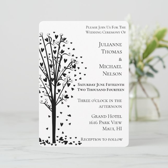 Chic Romantic Hearts Tree Wedding Invitation (Standing Front)