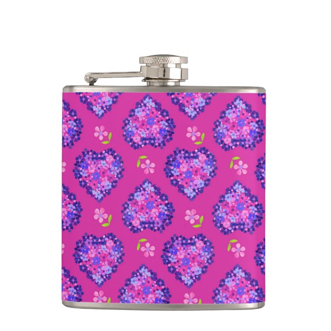 Chic Romantic Magenta Hearts and Flowers Hip Flask (Front)