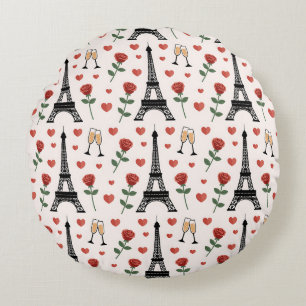 Chic Romantic Paris France Eiffel Tower & Roses Round Pillow