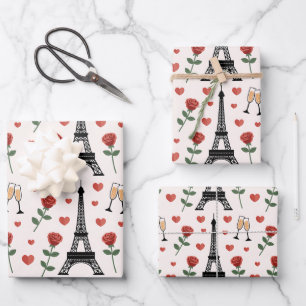 Chic Romantic Paris France Eiffel Tower & Roses Wrapping Paper Sheets