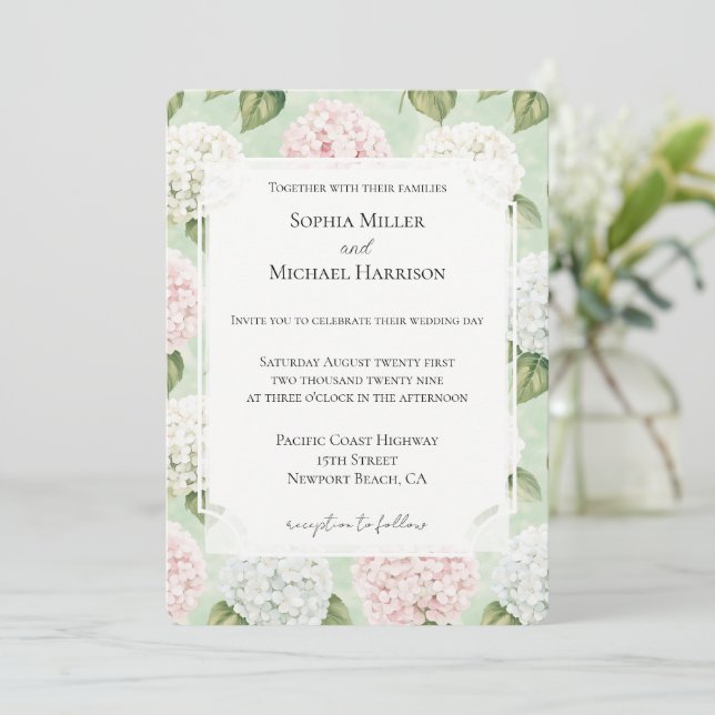 Chic Romantic Pink Blue White Floral Wedding Invitation (Standing Front)