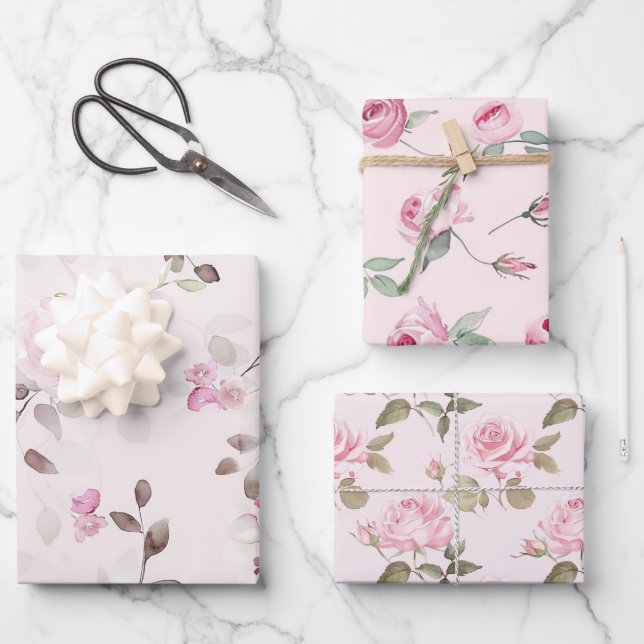 Chic Romantic Pink Roses Floral   Wrapping Paper Sheets (Front)