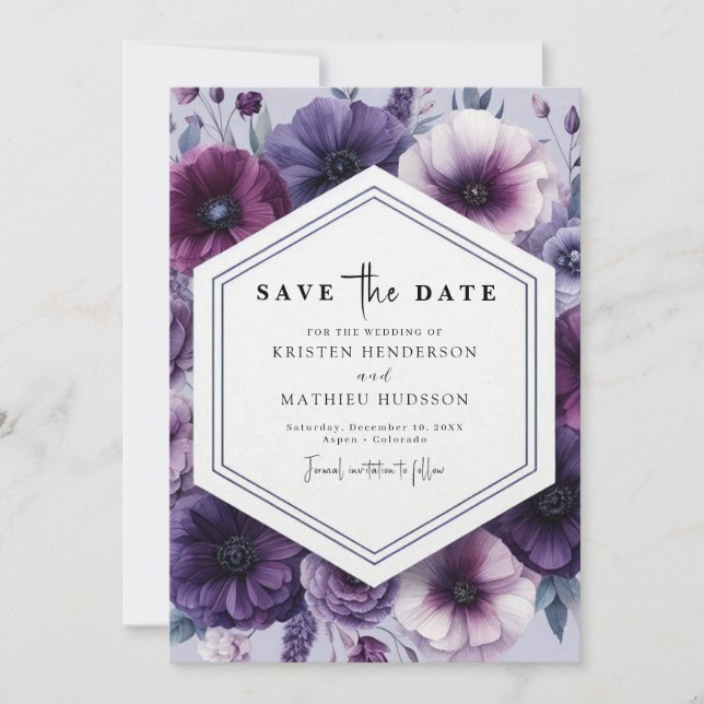 Chic Romantic Purple Floral Wedding Save The Date (Front)
