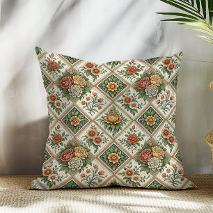 Chic Romantic Red Roses Green Vintage Tiles Charm Throw Pillow