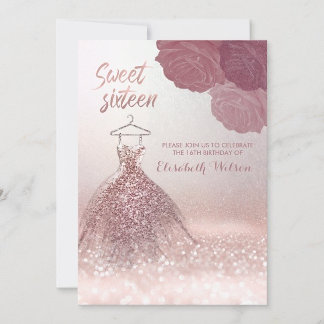 Chic romantic Rose gold glittery dress roses Invitation (Front)