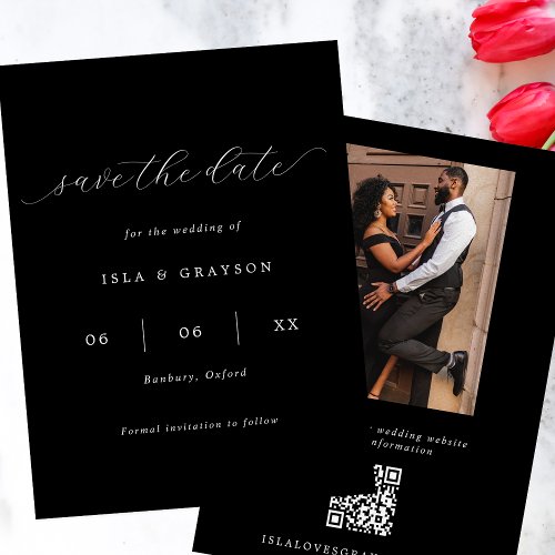 Chic Romantic Script Black  White Photo QR Code Save The Date