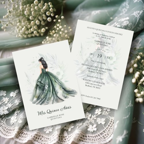 Chic Romantic Spanish Quinceaera Green Shades Invitation