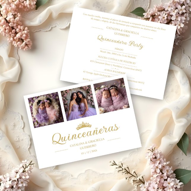 Chic Romantic Then & Now 3-Photo Twins Quinceañera Invitation (Spanish Chic Romantic Then & Now 3-Photo Twins Double Quinceañeras Celebration Invitation Cards.)