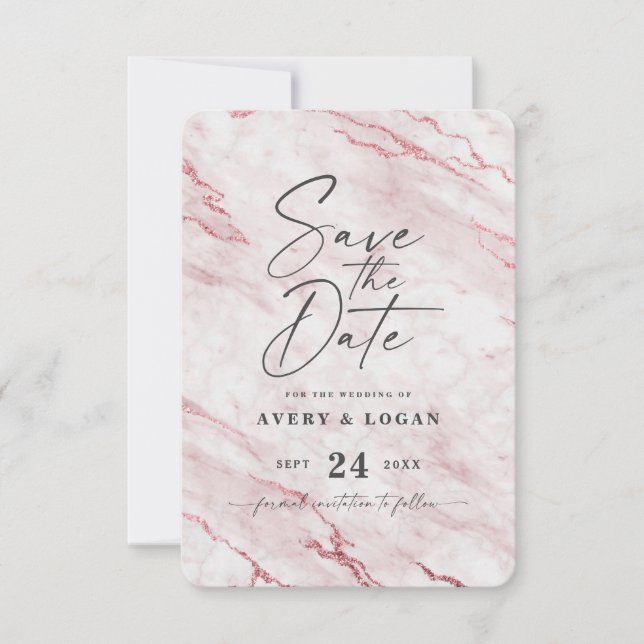 Chic Rosa Blush Marble and Candy Pink Foil Details Save The Date (Front)