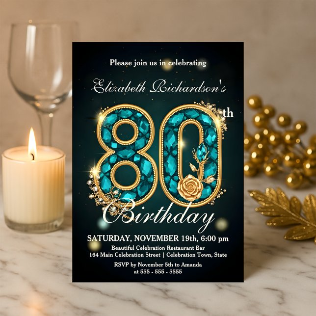 Chic Rose Amethyst Gold Teal Jewels 80th Birthday  Invitation (Creator Uploaded)