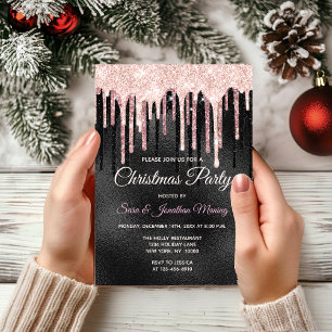 Chic rose blush black dripping monogram Christmas Invitation