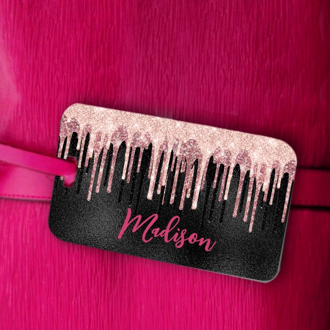 Chic rose blush black dripping monogram luggage tag (Creator Uploaded)