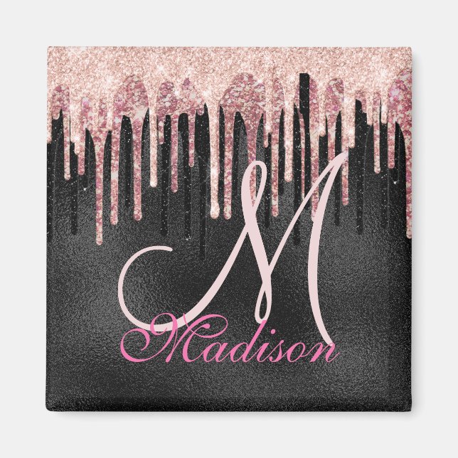 Chic rose blush black dripping monogram magnet (Front)