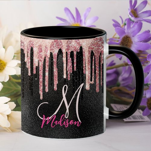 Chic rose blush black dripping monogram mug
