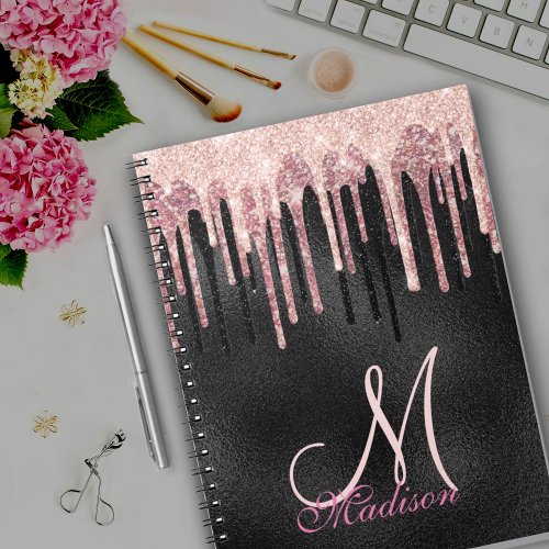 Chic rose blush black dripping monogram notebook