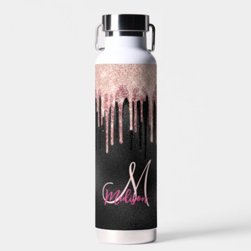 Chic rose blush black dripping monogram water bottle