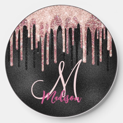 Chic rose blush black dripping monogram wireless charger 