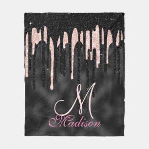Chic rose blush black glitter dripping monogram fleece blanket