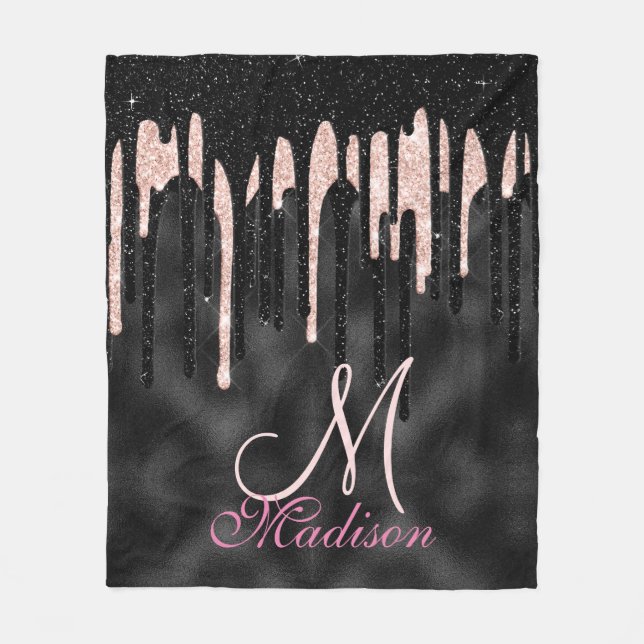 Chic rose blush black glitter dripping monogram fleece blanket (Front)
