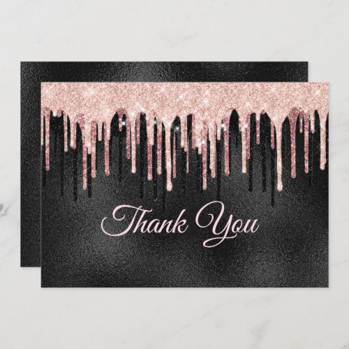 Chic rose blush black glitter dripping monogram thank you card