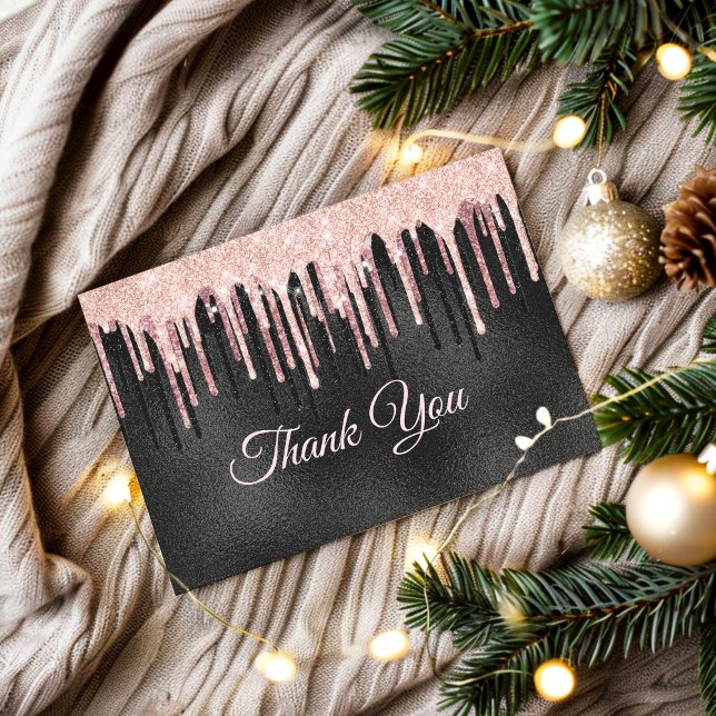 Chic rose blush black glitter dripping monogram thank you card (Creator Uploaded)