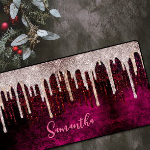 Chic rose blush brown glitter red drips monogram n desk mat