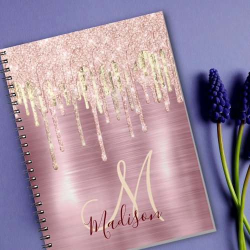 Chic rose blush gold dripping monogram notebook