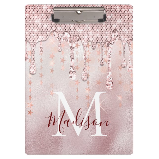 Chic rose blush gold glitter dripping monogram clipboard (Front)