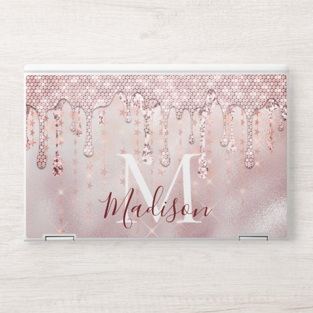 Chic rose blush gold glitter dripping monogram HP laptop skin (Front)