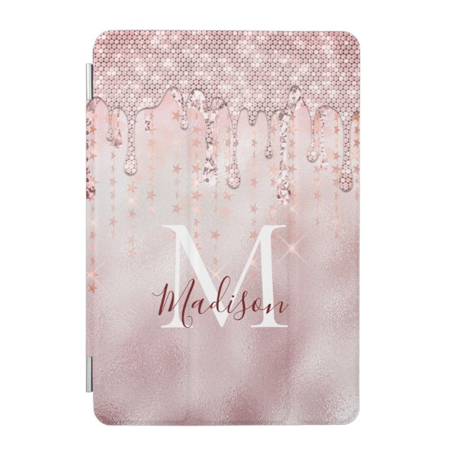 Chic rose blush gold glitter dripping monogram iPad mini cover (Front)
