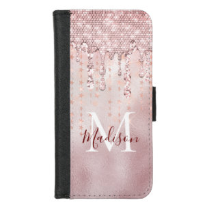 Chic rose blush gold glitter dripping monogram iPhone 8/7 wallet case