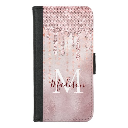 Chic rose blush gold glitter dripping monogram iPhone 87 wallet case