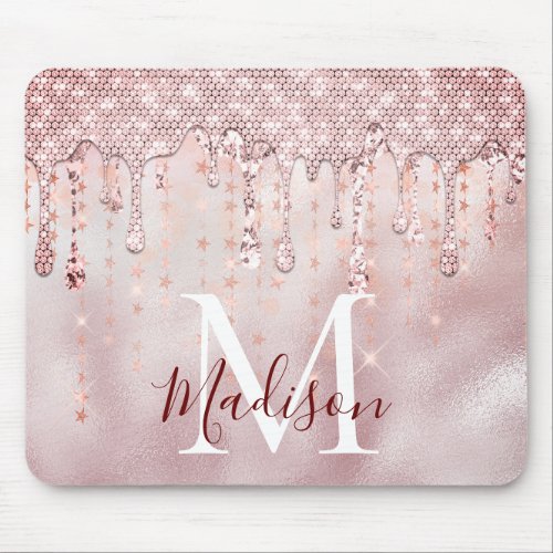 Chic rose blush gold glitter dripping monogram mouse pad